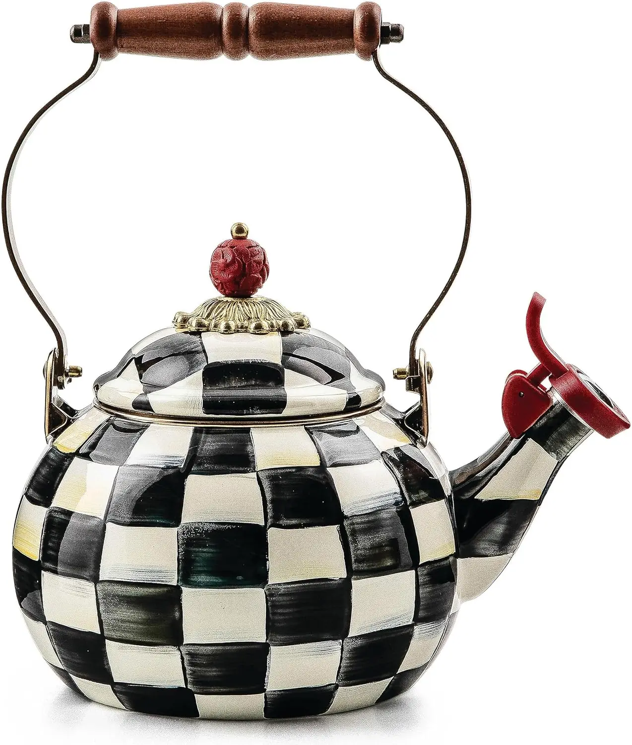 Enamel Whistling Tea Kettle, Decorative Teapot, Black-and-White Courtly Check