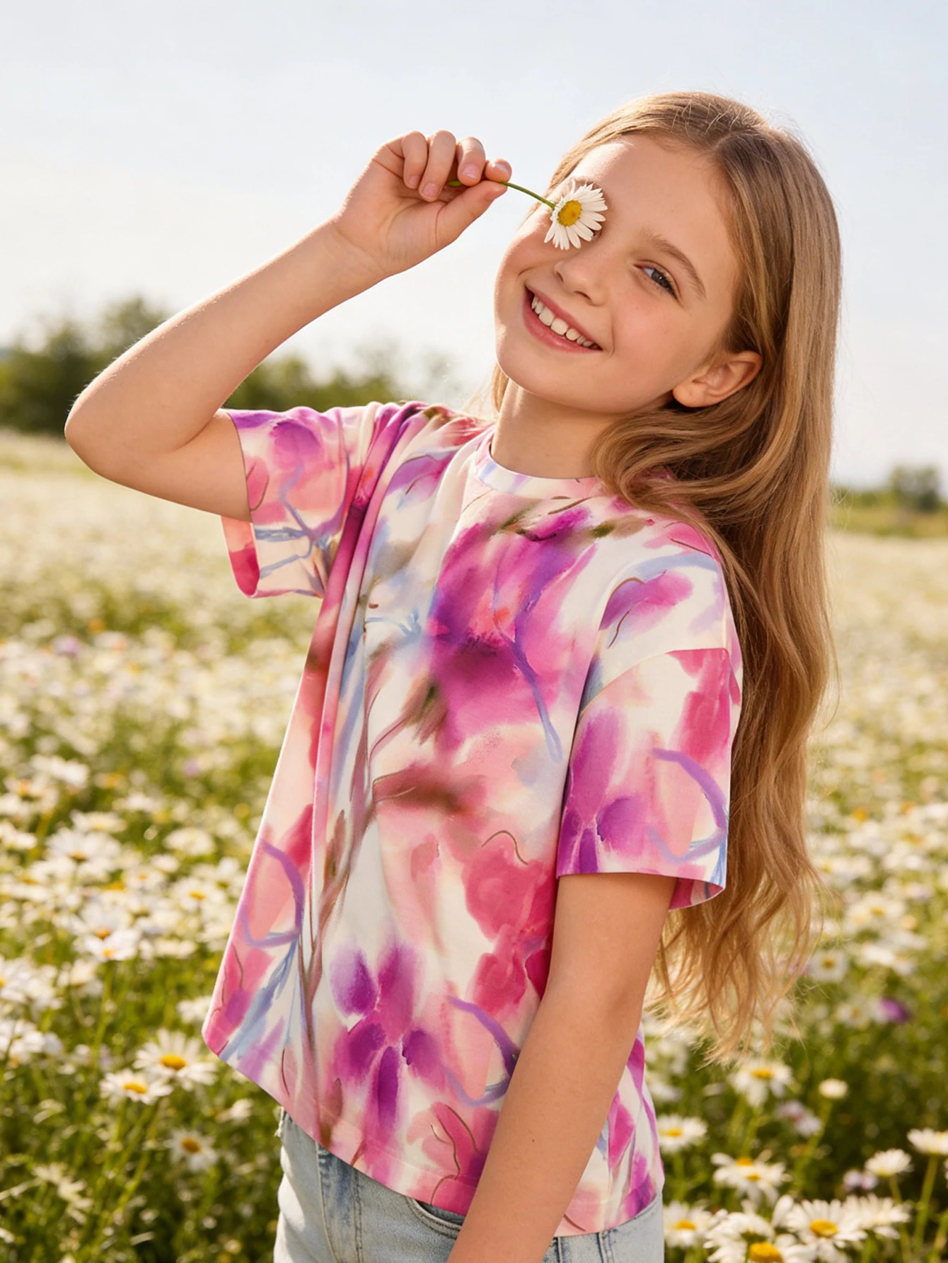 

2026 girls pink and purple watercolor tie-dye short-sleeved T-shirt