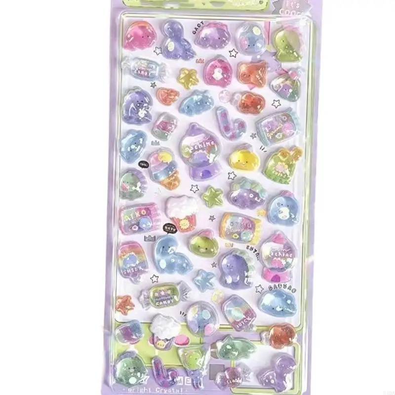 54DA 6PCS Adesivi interattivi in ​​cristallo cartone animato Adesivi in ​​rilievo per attività artigianali