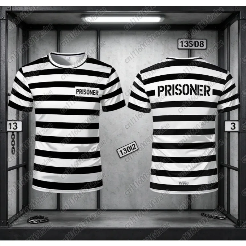 2026 Nouveau T-shirt rayé Prisonnier, Thème Prison, Manches Courtes, Vêtements de Jeu de Rôle pour Hommes et Femmes, Style Familial