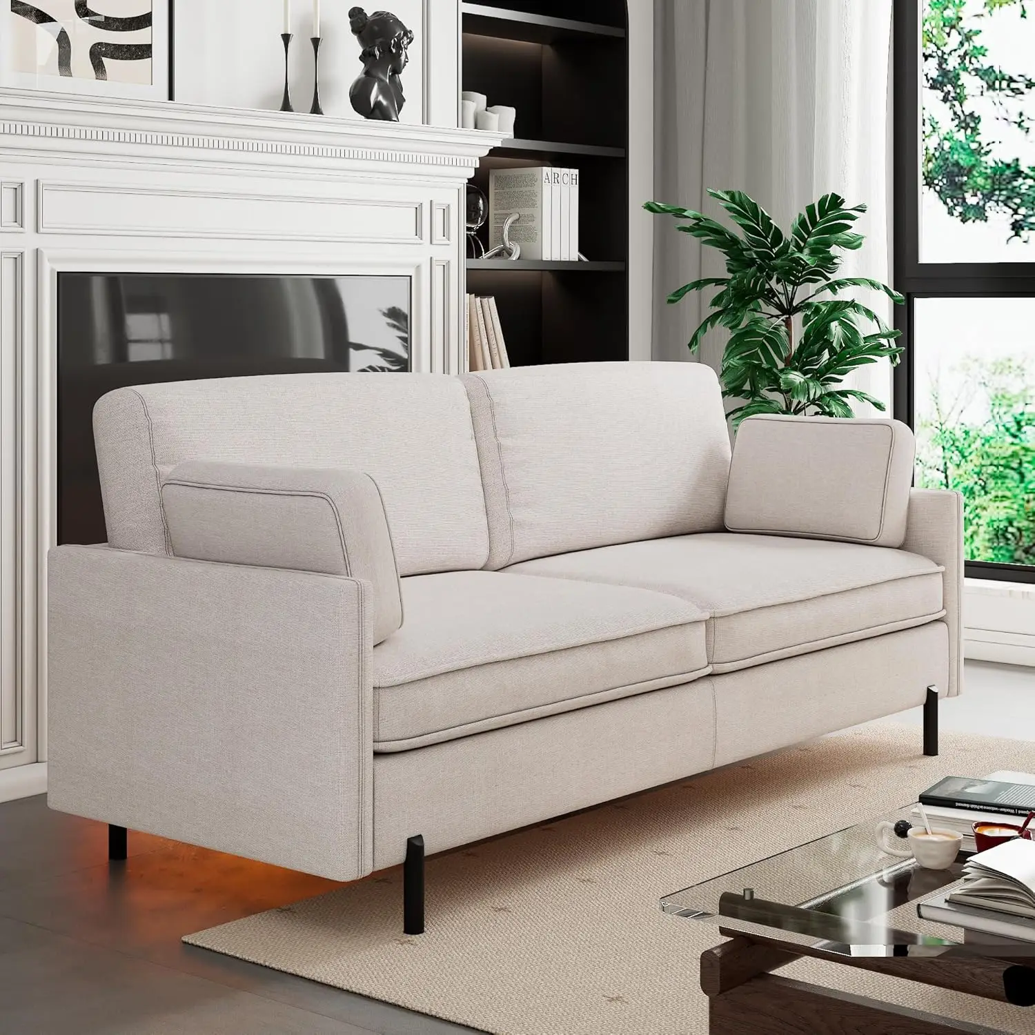 Feonase Sofa nyaman 79 inci, dudukan Sofa Linen Modern dengan 2 bantal, rangka kayu Solid & kaki logam, sempurna untuk ruang tamu,