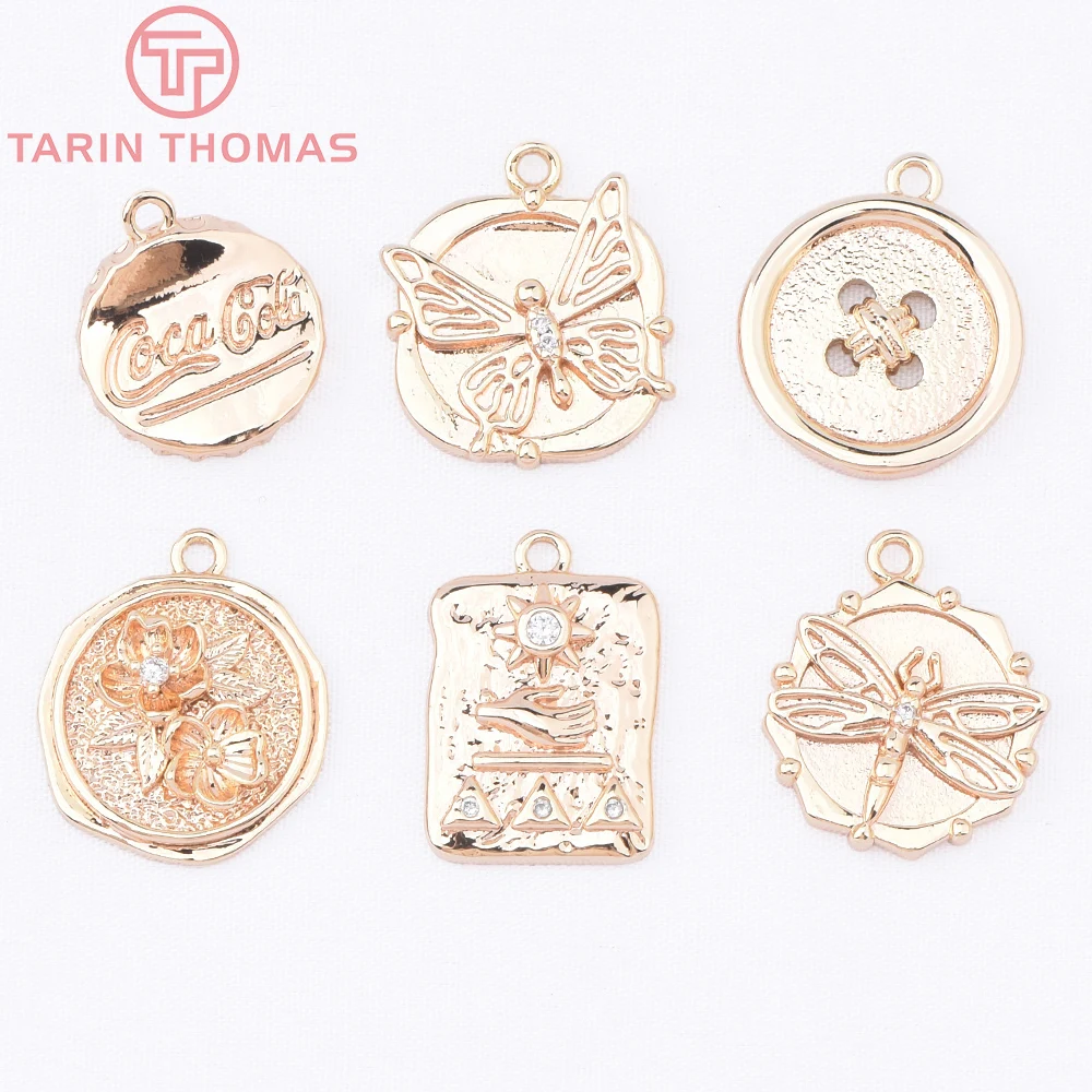 (9216) 4PCS 24K Gold Color Brass with Zircon Button Shaped Square Sun Pendants High Quality DIY Jewelry Making Findings