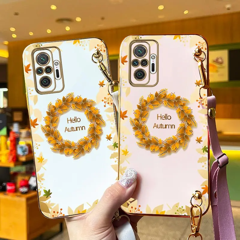 Autumn Reath Lanyard Plating Phone Case For Xiaomi Redmi Note 10Pro 10S 10 10T 9 11Pro 11E 11S 11T 11 11TPro 12 12Pro 12S Cover