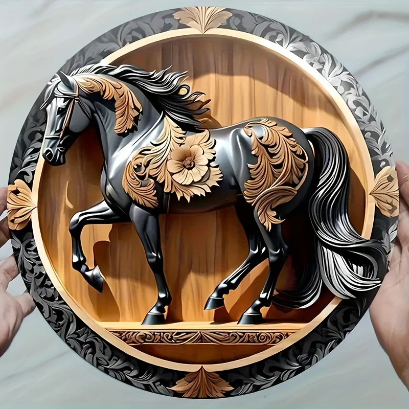Tanda Kayu Bulat Datar 8in 2D Tanda Kayu Kuda Lucu, Poster Antik Kuda Yang Dibesarkan Secara Menyeluruh, Hadiah Pecinta Kuda Lucu