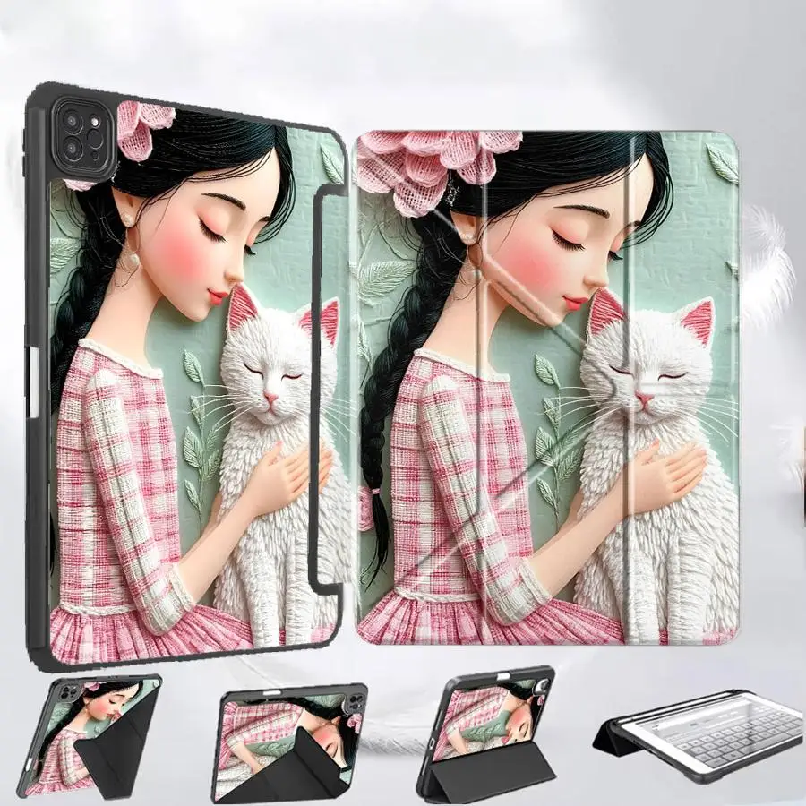 

Чехол для планшета iPad Mini 6 7 Pro 11th 10th 9th 8th 7th 12.9inch Air 4 5 M3 M2 M4 11inch Pro 2025 с держателем, дизайн «Девушка и кошка»