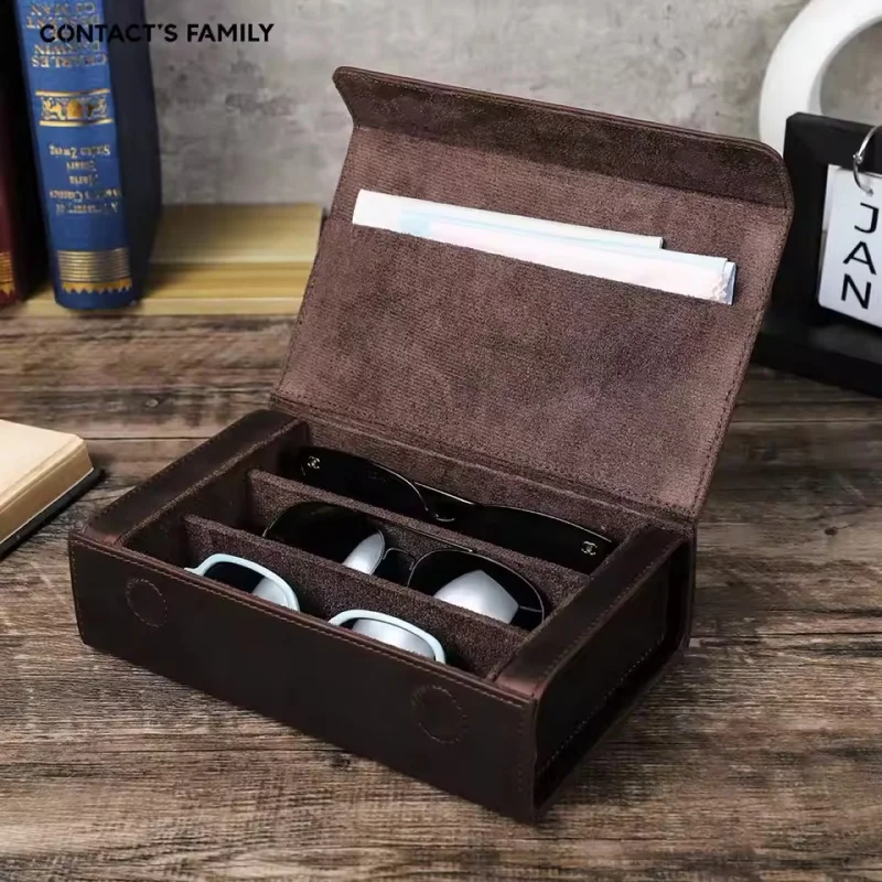 

Genuine Leather 2/3 Slots Sunglasses Case Women Men Eye Glasses Organizer Box Vintage Eyewear Protective Glasses Box