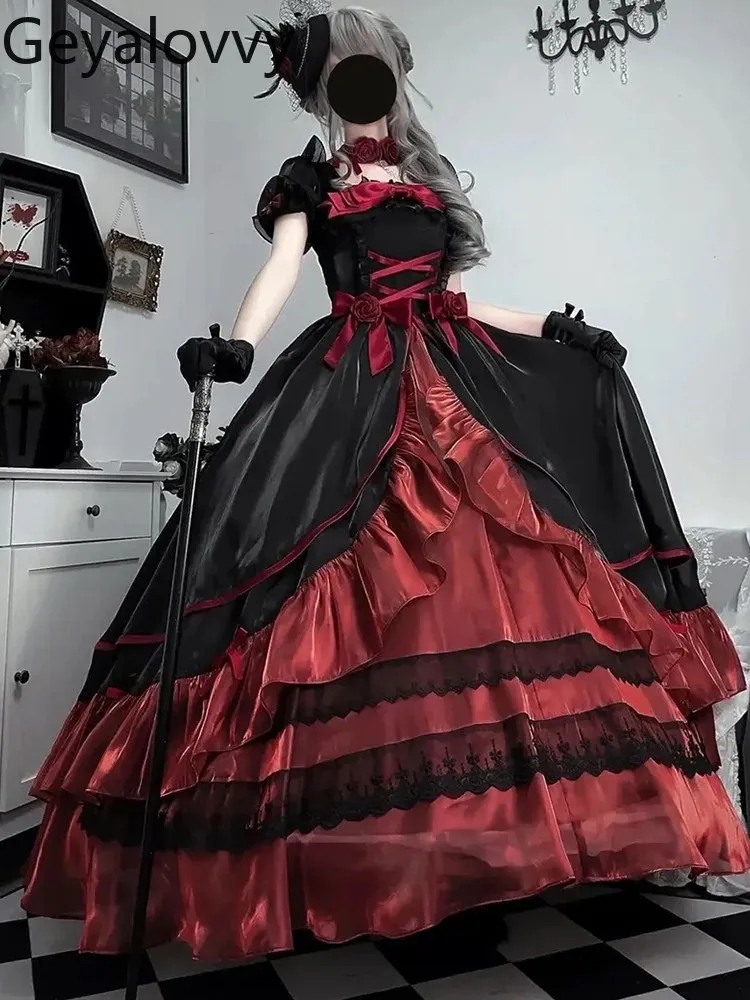 

Gothic Lolita Black and Red Punk Style Puff Short Sleeve High Waist Dress Sweet Girl Coming-of-Age Ceremony Long Dresses