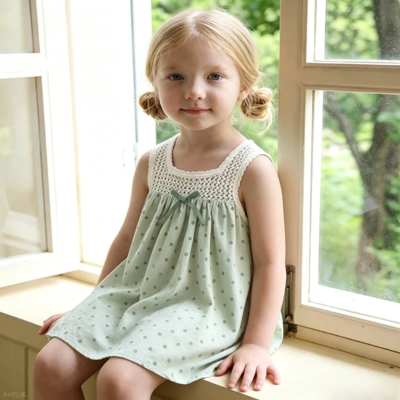 2026 Girls Vacation Style Super Beautiful Hollow Baby Girl Young Kids Polka Dot Green Vest Dress Trendy