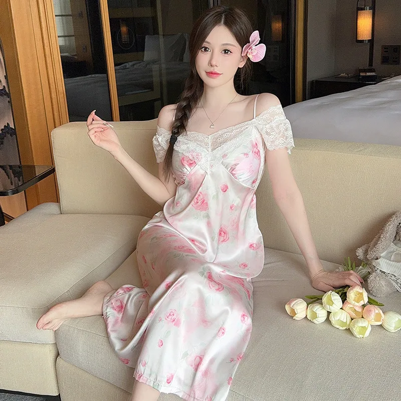 Long Nightgown Women's Summer Ice Silk Thin Sexy Long Dress Home Pajamas Women's Chest Pad Lace Simulation Silk Suspender