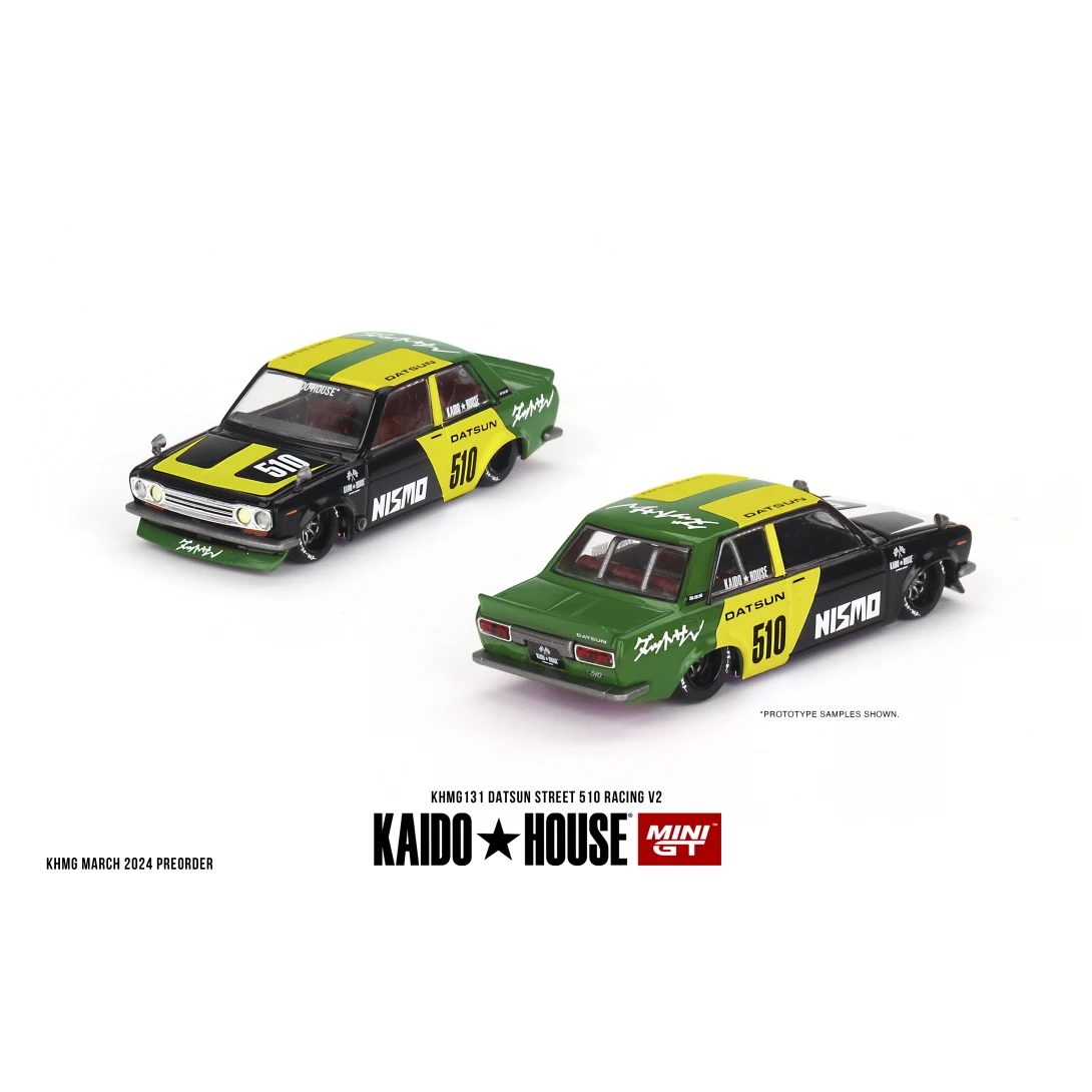 TSM KAIDO HOUSE MINIGT 1/64 KHMG131 Datsun Street 510 Racing V2 Vernis Chase Groen Geel gegoten legering automodel