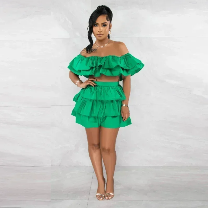 

GUWU Fashion Off Shoulder Ruffles Layers Crop Top And High Waist Skirt Two-Piece Dress Set Elegant Summer Sundress Clubwear