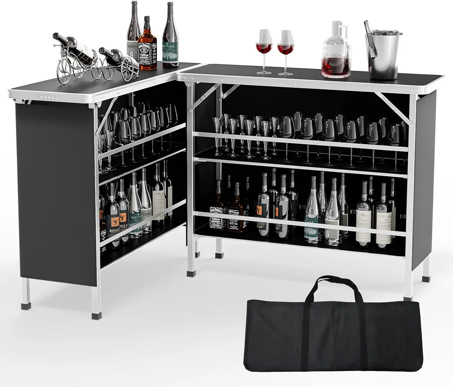 

43" Portable Bar Table, 3-Tier Shelves, Carry Bag，Mobile Bar Table for Events, Party, Camping, Picnic, Tradeshow, Outdoor &