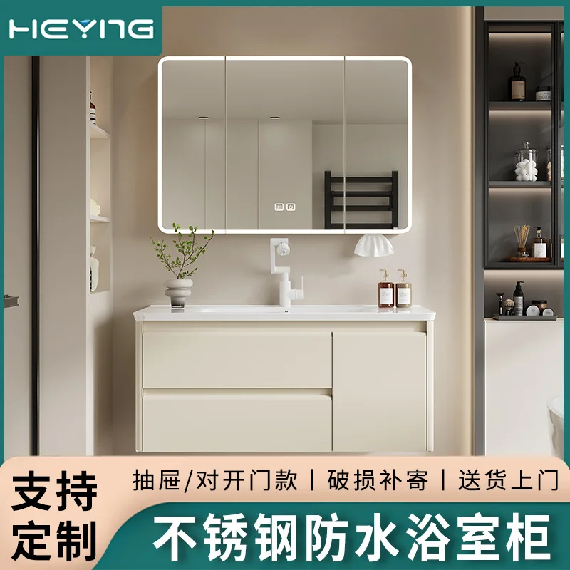 Stainless Steel Bathroom Cabinet, Ceramic Integrated Basin, Moisture-proof And Waterproof Integrated Washbasin, Double-drawer St
