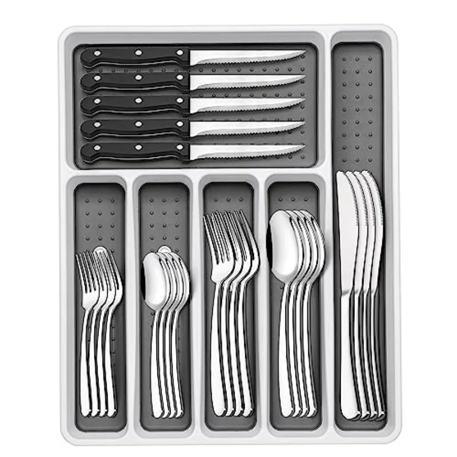 

49-Piece Silverware Set with Organizer, Stainless Steel Flatware Set for 8, Cutlery Utensil Sets with Steak Knives, Rust-proof,