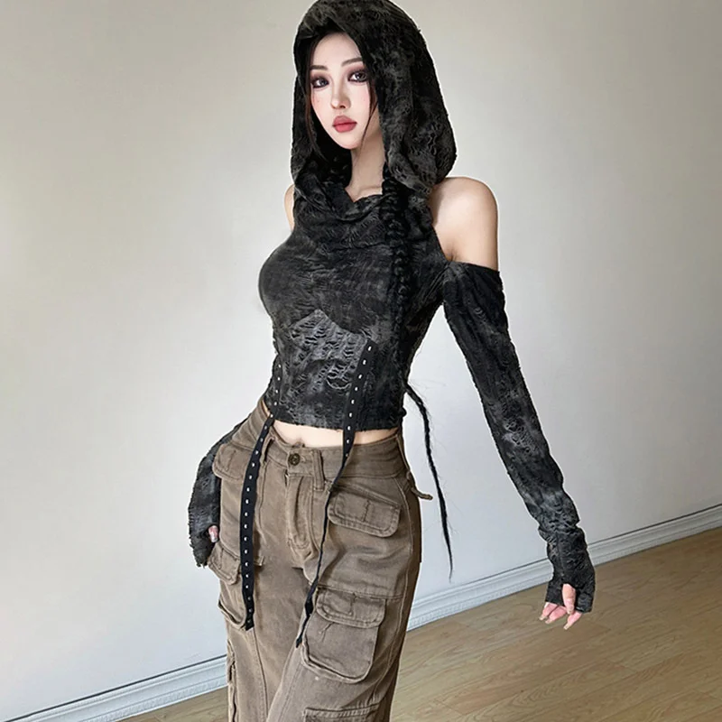 2024 New Waste Soil Style Handmade Hooded Strapless Long Sleeve T-shirt Female Thin Personality Short Tops Tees Women\'s Clothing