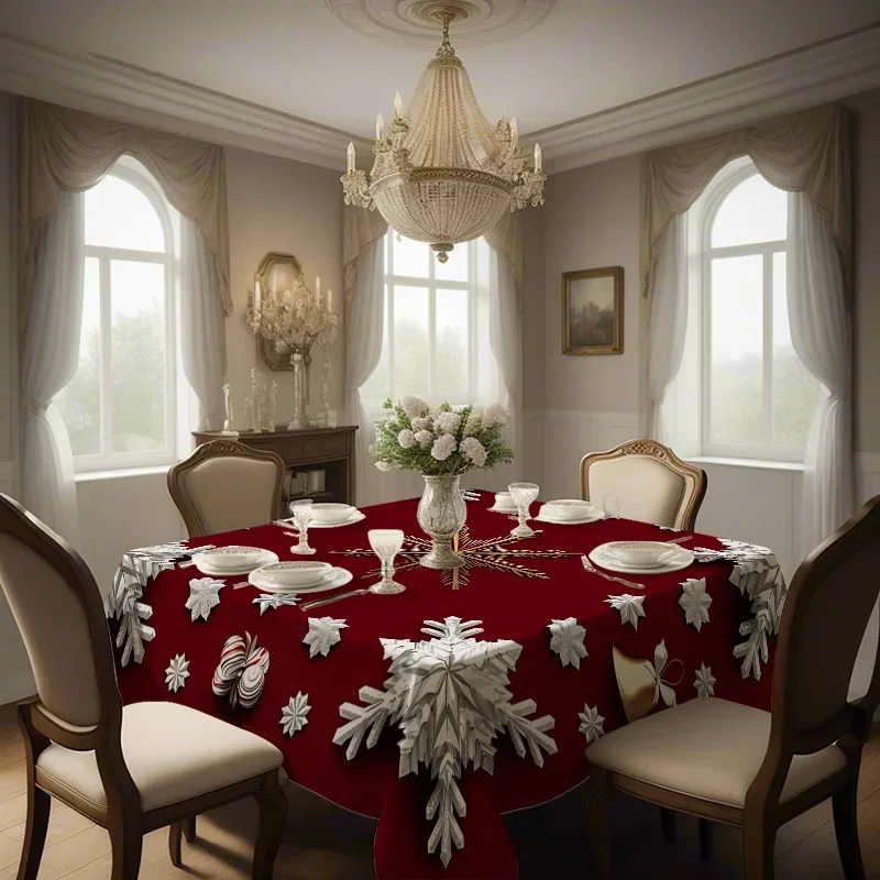 JIT 1pc, 2D flat, golden snowflake, bell, gift print pattern tablecloth, is an ideal choice for a Christmas dinner party.xzj