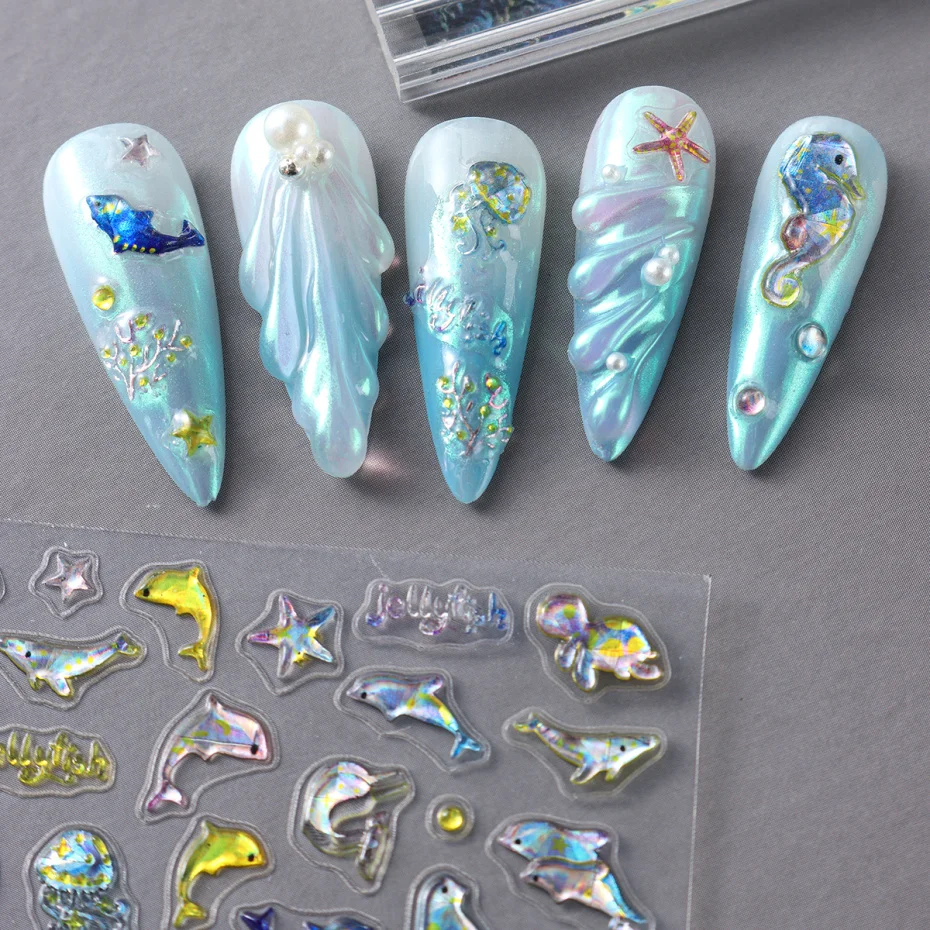 5D น่ารัก Dolphin สติ๊กเกอร์เล็บ SHINY Seashell ปลาดาว Ocean สัตว์ออกแบบฤดูใบไม้ผลิฤดูร้อน Jelly กาว Decals ตกแต่งเล็บ