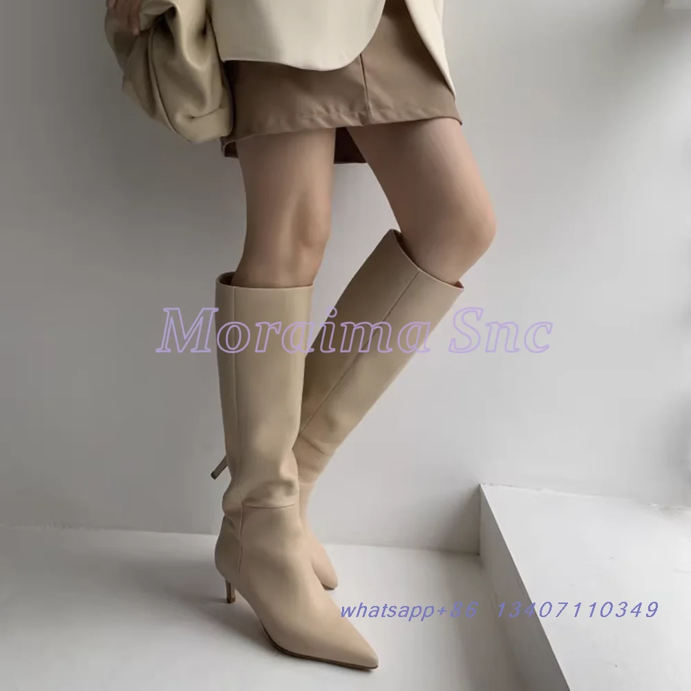 Concise Style Pointed Toe Knee High Boots Stiletto Low Heel Slip On Fashion Retro Women's Autumn Winter Long Boots Apricot Solid