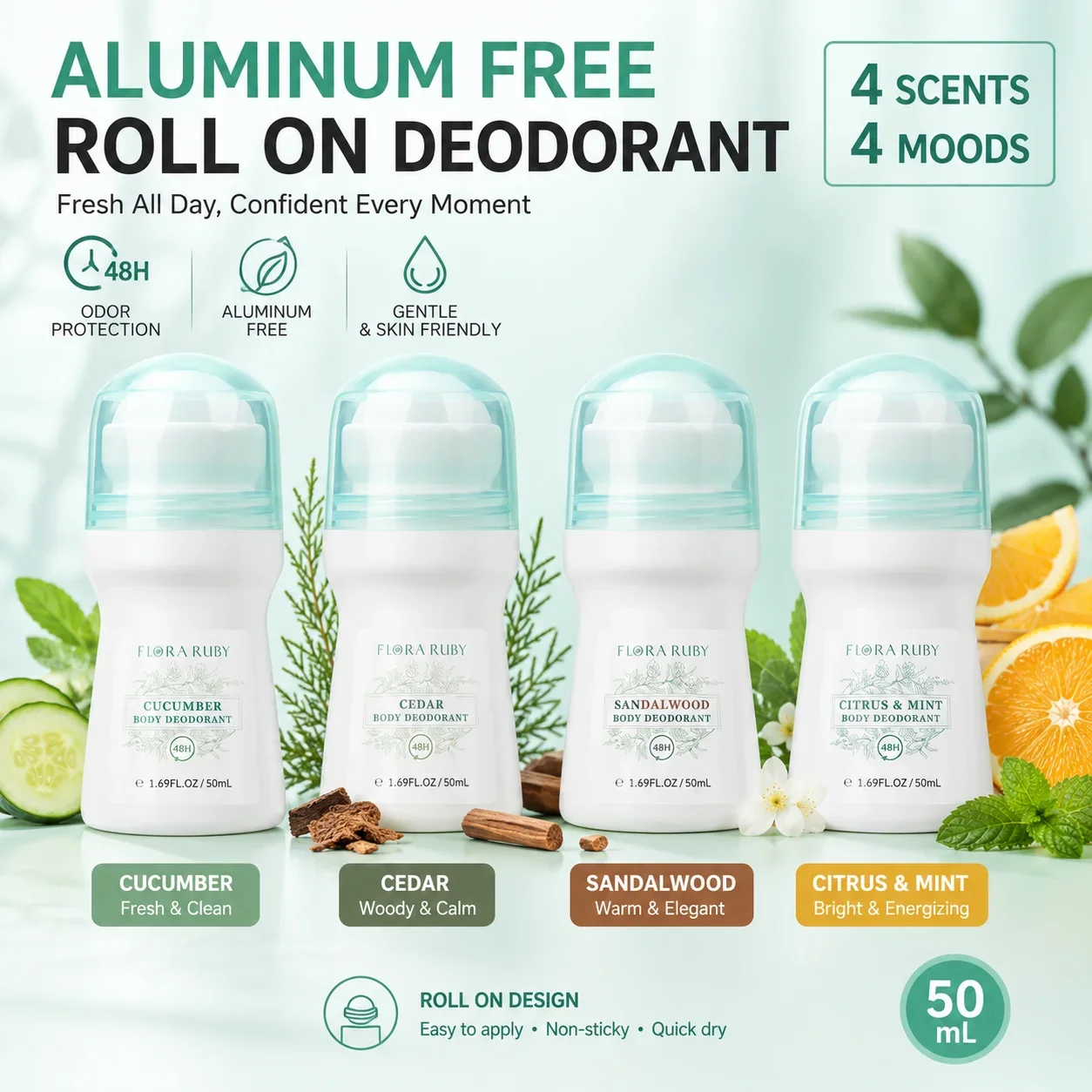 FLORA RUBY Body Deodorant Roll On 50ml for Women Men, Aluminum Free Alcohol Free, 48H Odor Control, Underarm Freshness, Portable