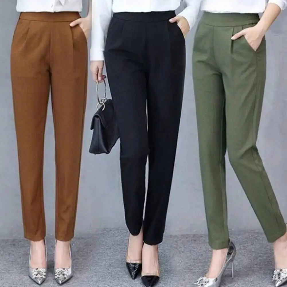 Women Pants Elastic High Waist Slim Fit Trousers with Pockets Solid Color Casual Commuting Style Office Lady Pants