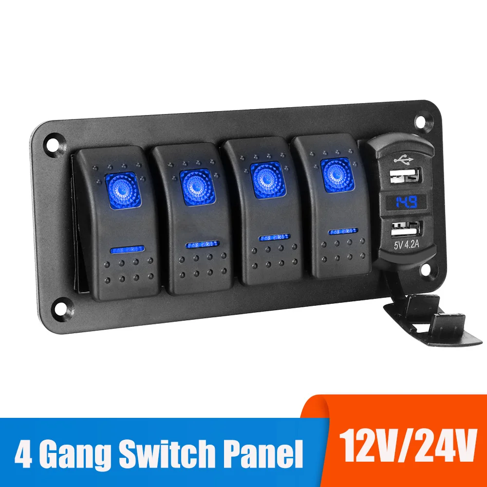 24V 12V Switch Panel 4 Buttons Light Toggle USB Chargers 3.0 Adapter Voltmeter Tester Accessories For Car Marine Boat Caravan RV