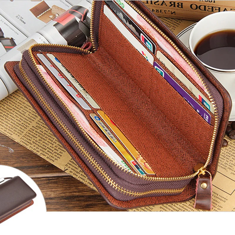 baellerry Luxury Long Men\'s Leather Wallet With Strap Large Capacity Man Clutch Money Bag With Coin Pocket For Male Card Holder