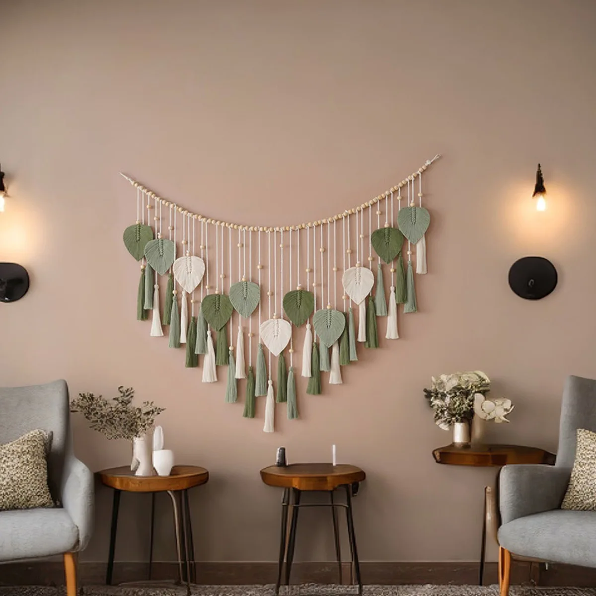 125x75cm Green Bohemian Handmade Woven Cotton Rope Leaf Tapestry - Background Wall Rug For Children's Room  Bedroom