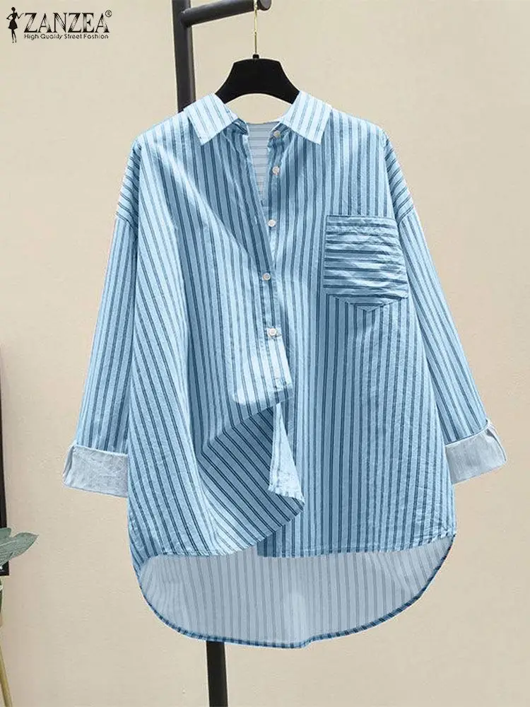 ZANZEA Women Korean Fashion Long Shirts Fall 2024 Casual Loose Long Sleeve Turn-down Collar Camisas High-Low Striped Chemise