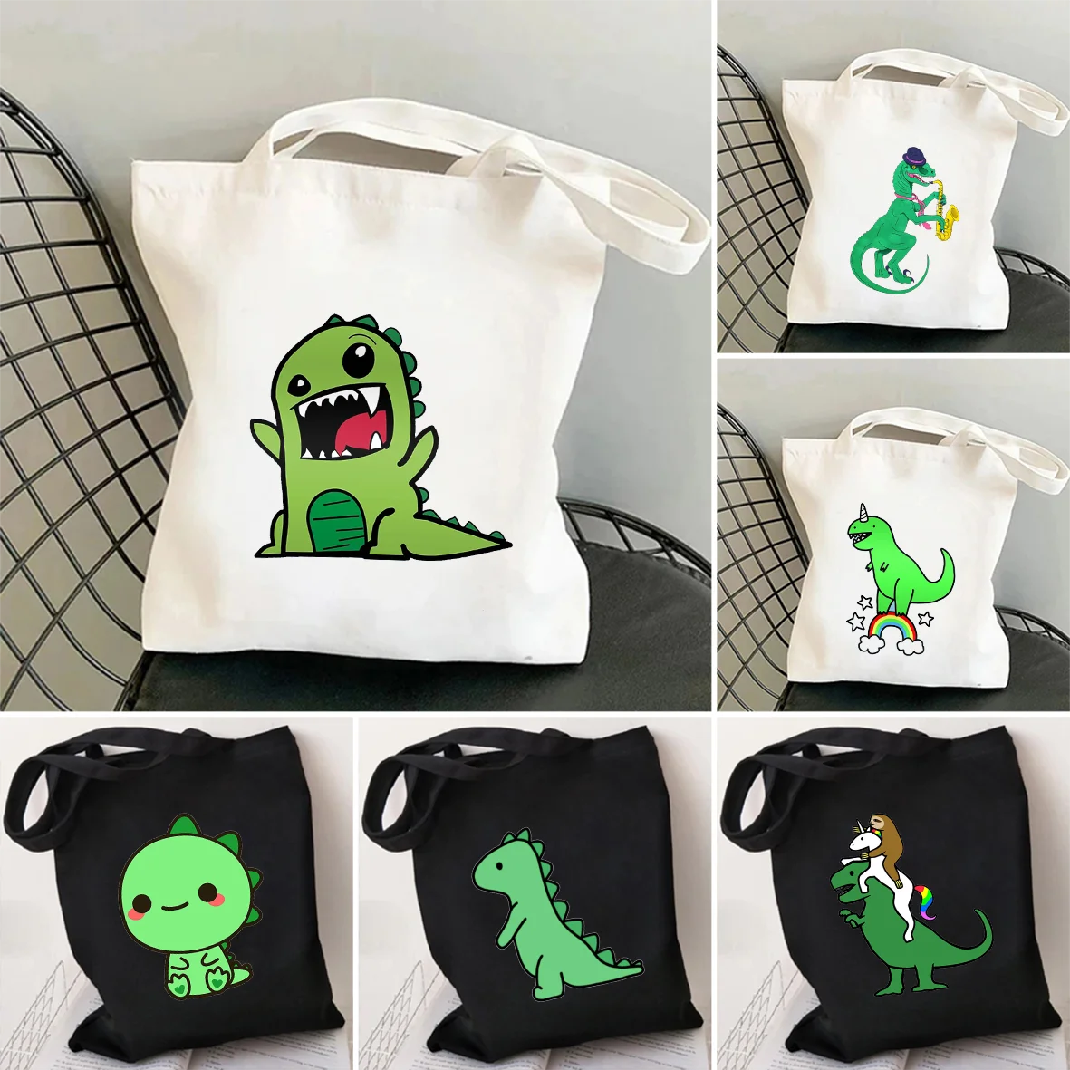 Lovely Dinosaur T Rex Riding Bike Cute Animal Women's Shopping Canvas Shoulder Cotton Tote Bags Shopper Foldable Grocery Handbag