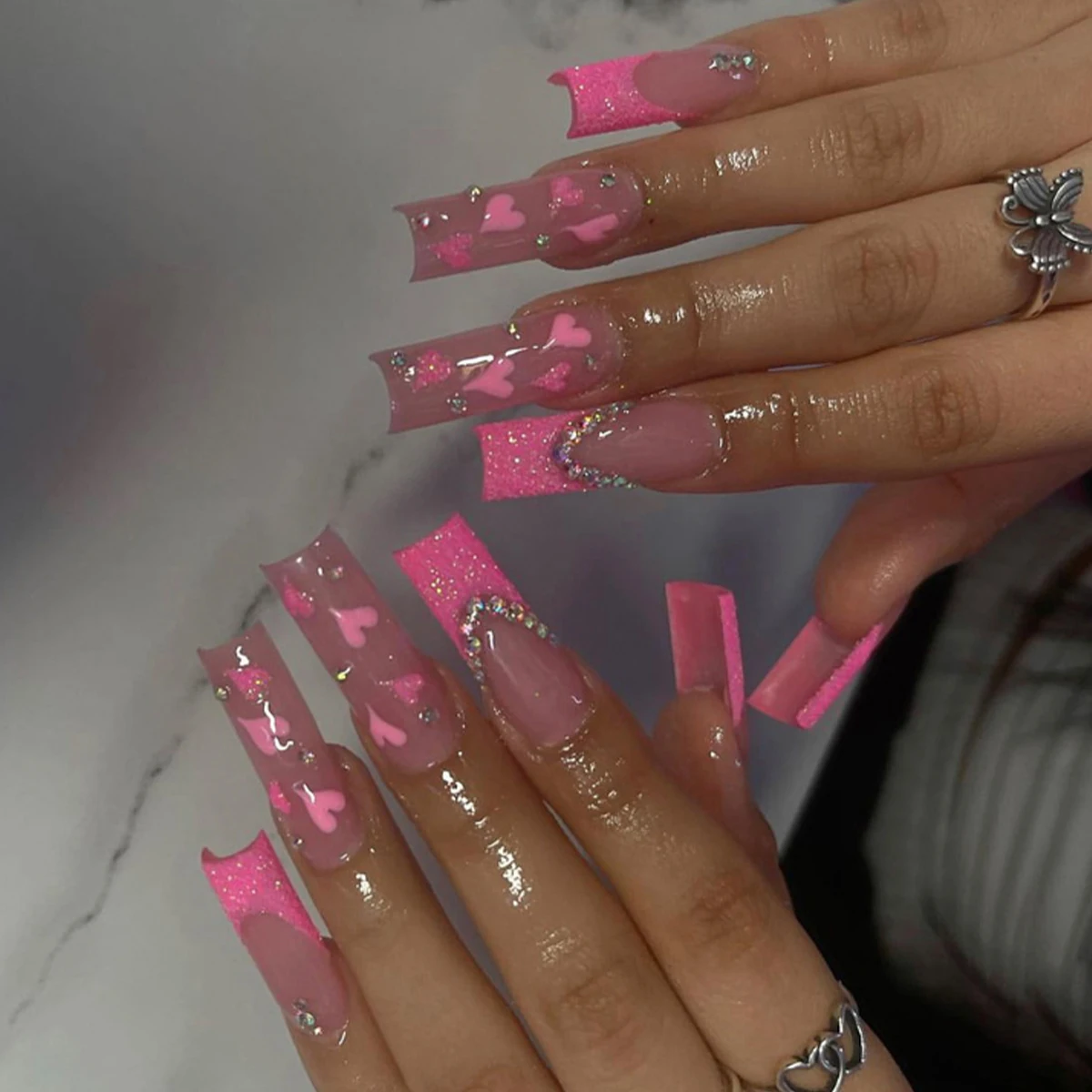 

Набор из 24 накладных ногтей для женщин и девушек: модные длинные французские балетные ногти с блестками и стразами, полное покрытие, готовые к носке, для нейл-арта