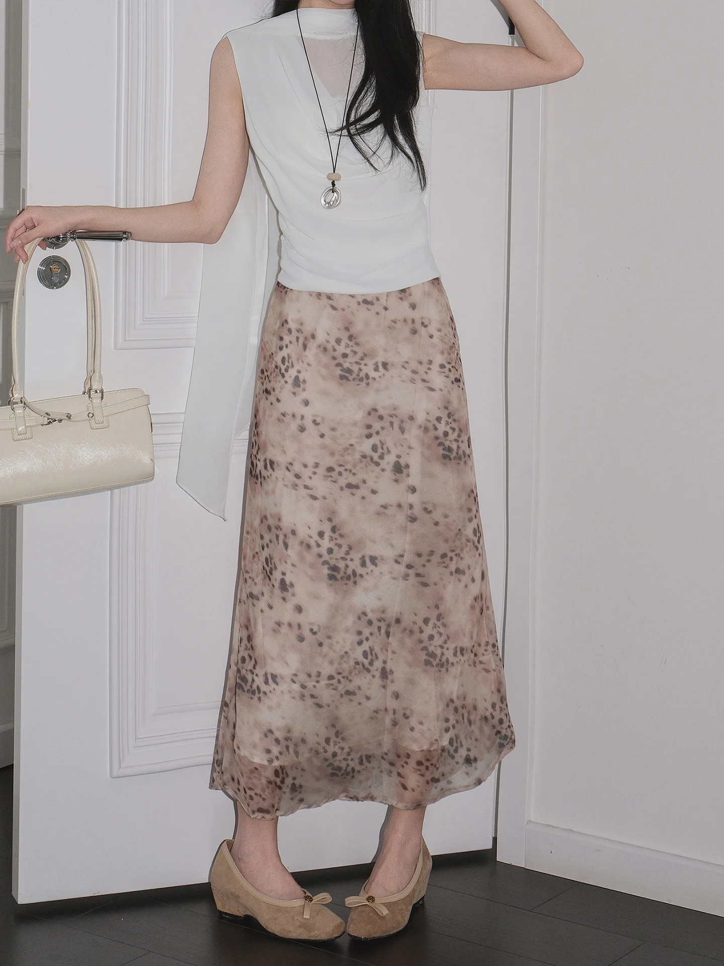 Elegant A-Line  Skirt Women's Chiffon Leopard Print Gathered Waist Summer Fashion Design Casual Style Standard Fit