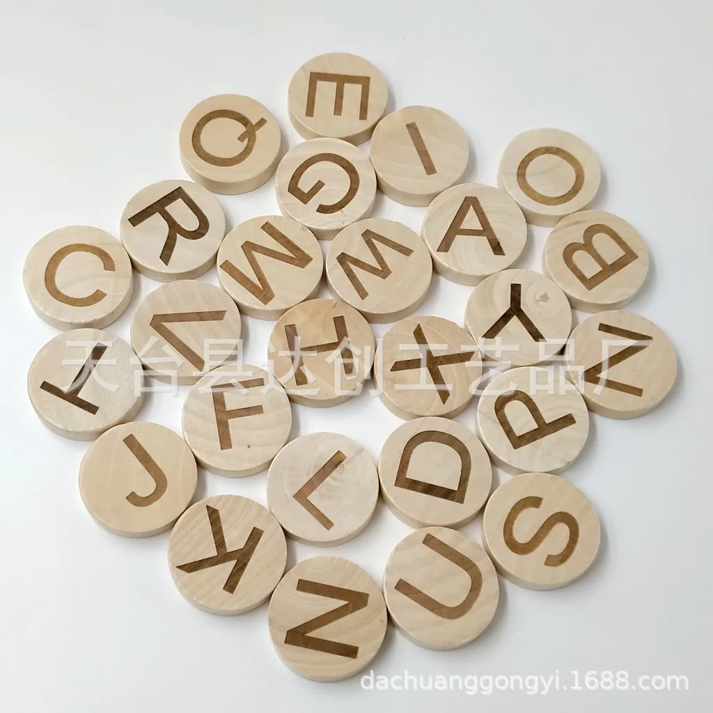 

13-30Mm wood engraving Numbers 26 English letters round wood chips, early childhood wood products round chips