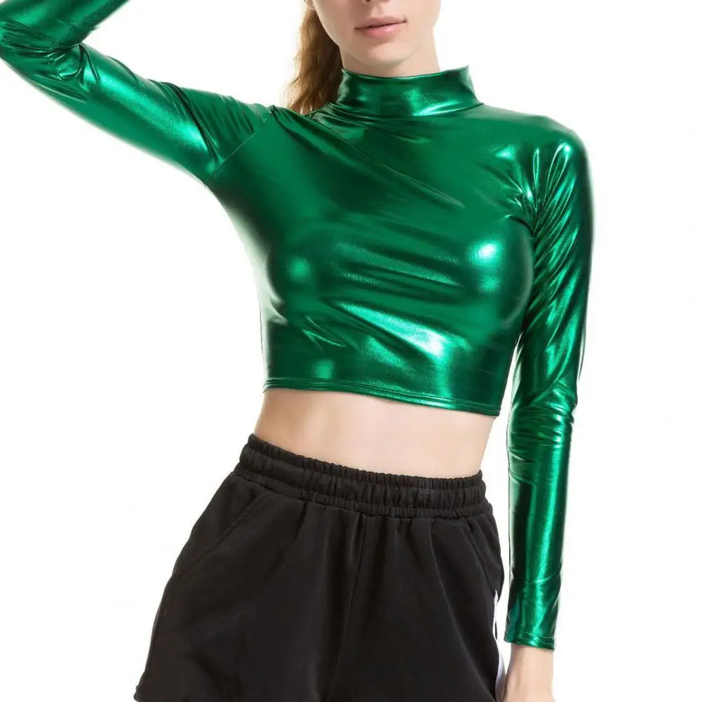 

Women Club Top Half-high Collar Glossy Surface Skinny Waist-exposed Solid Color Pullover Soft Breathable Lady Pole Dance Perform