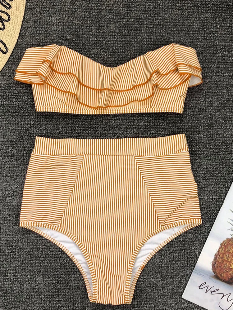 Seksowny niebieskie w stylu Retro z białymi paskami Bandeau z wysokim stanem Bikini damski strój kąpielowy damski kostium kąpielowy damski