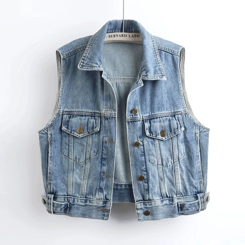 Spring Summer New Vintage Washed Blue Casual Short Denim Vest Women Turndown Collar Single Breasted Sleeveless Jeans Waistcoat