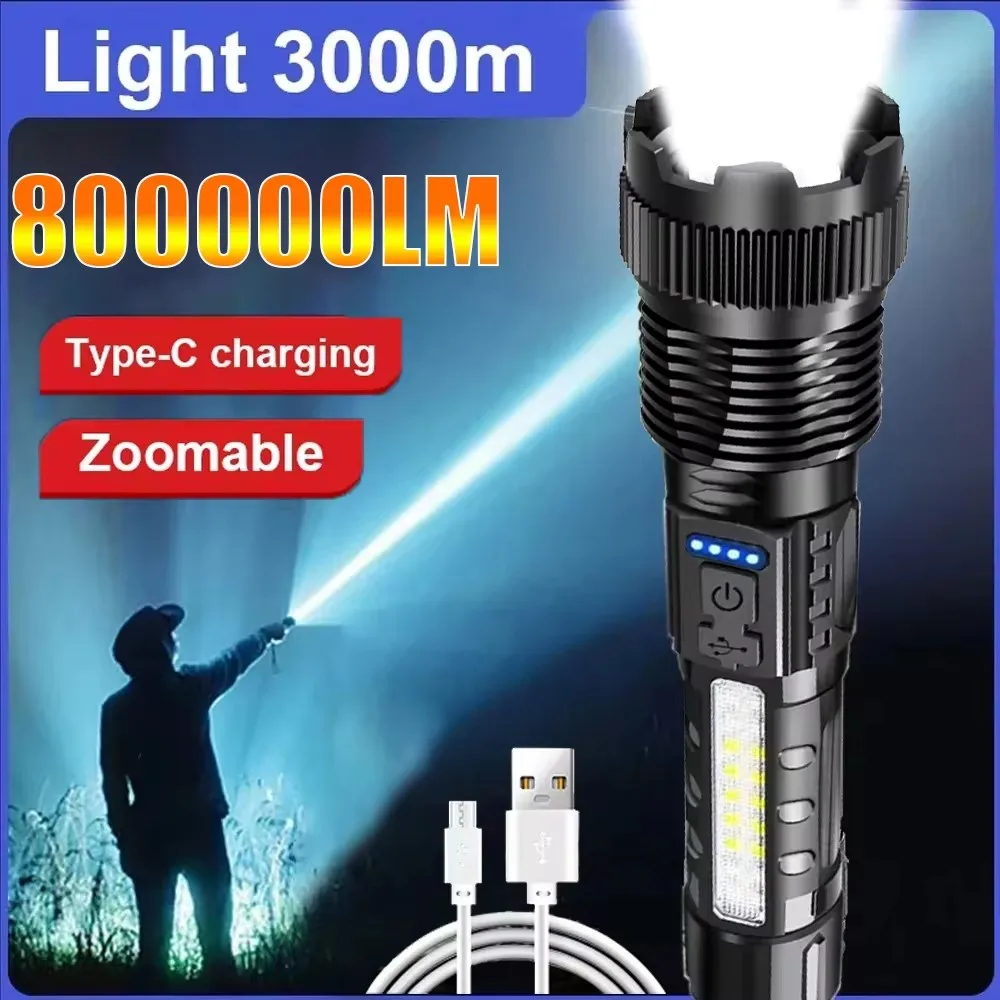 High Power White Laser LED Flashlight Built-in Battery USB Rechargeable Strong Light Tactical Torch Outdoor Camping Hiking Lamp