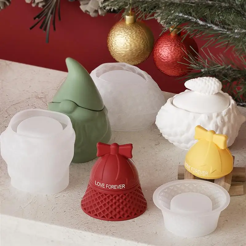 Christmas Pinecone Santa Bow Bell Candle Jar with Lid Cement Silicone Mold Candle Vessel Plaster Storage Box Epoxy Resin Molds