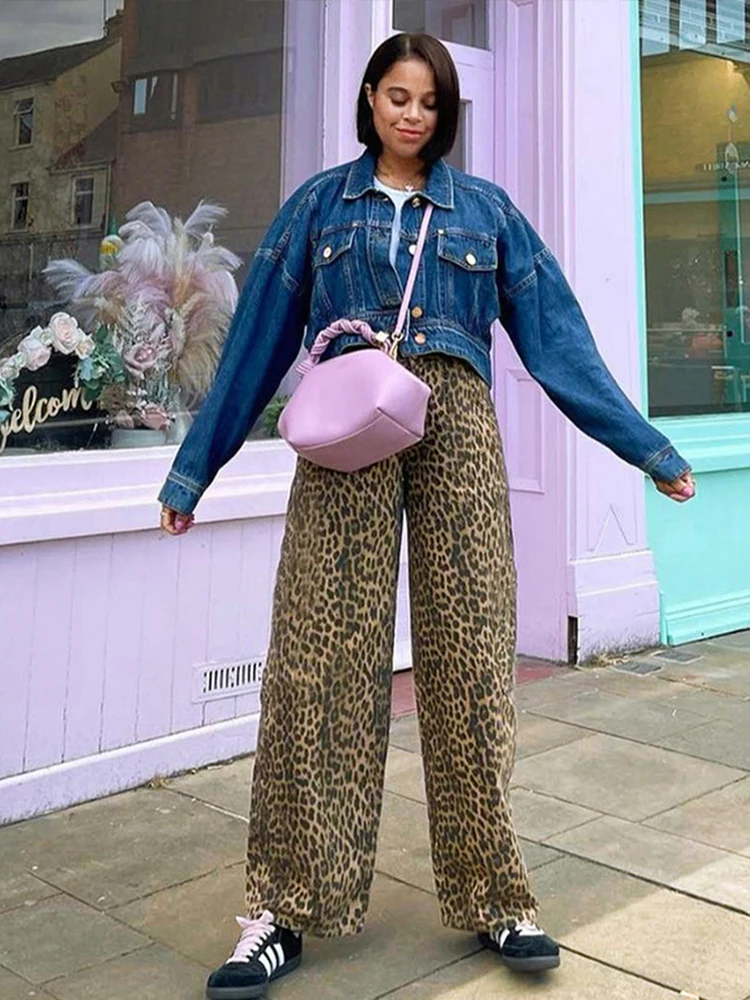 Casual Leopard Print Women Trouser Wide Leg High Waist Button Zipper Pocket Female Pant 2024 Spring Summer New Chic Lady Pants