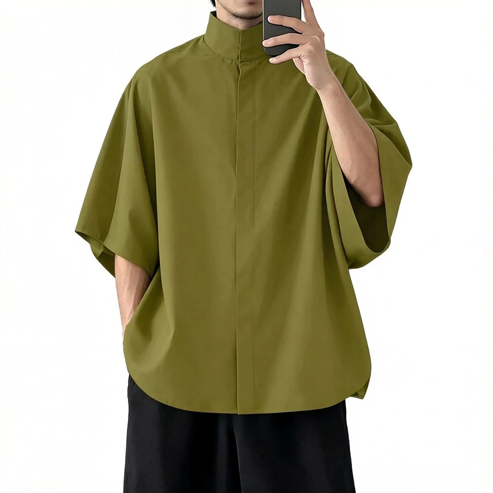 Men Plain Japanese Shirt Concealed Placket Drop Shoulders Streetwear Fashion Youth Outdoor Versatile Short Sleeve Top Men'S Wear