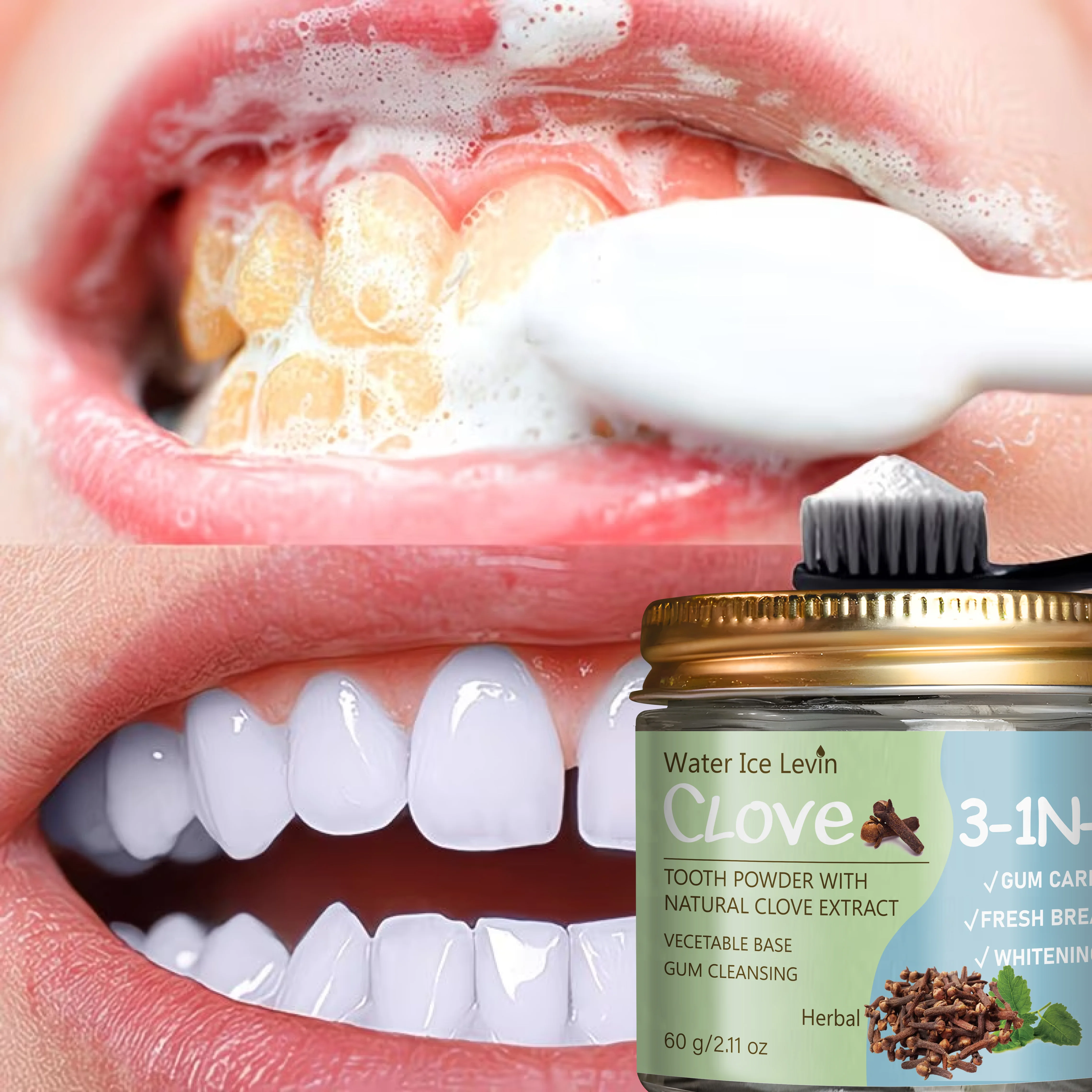 3‑in‑1 Natural Clove Tooth Powder Teeth Whitening Yellow Stain Removal Gum Care Fresh‑Breath Daily Oral Cleaner