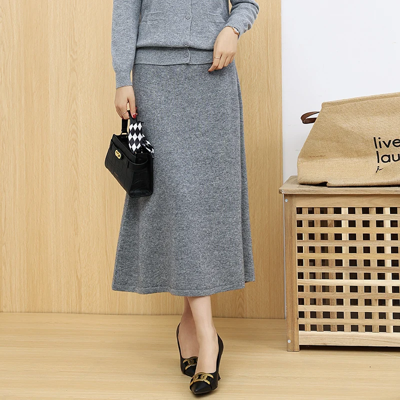 Elegant Women 100% Wool Knitted Skirt Korean Fashion Solid Color Casual A Line Ladies Plane Skirt Autumn Chic High Waist Skirt