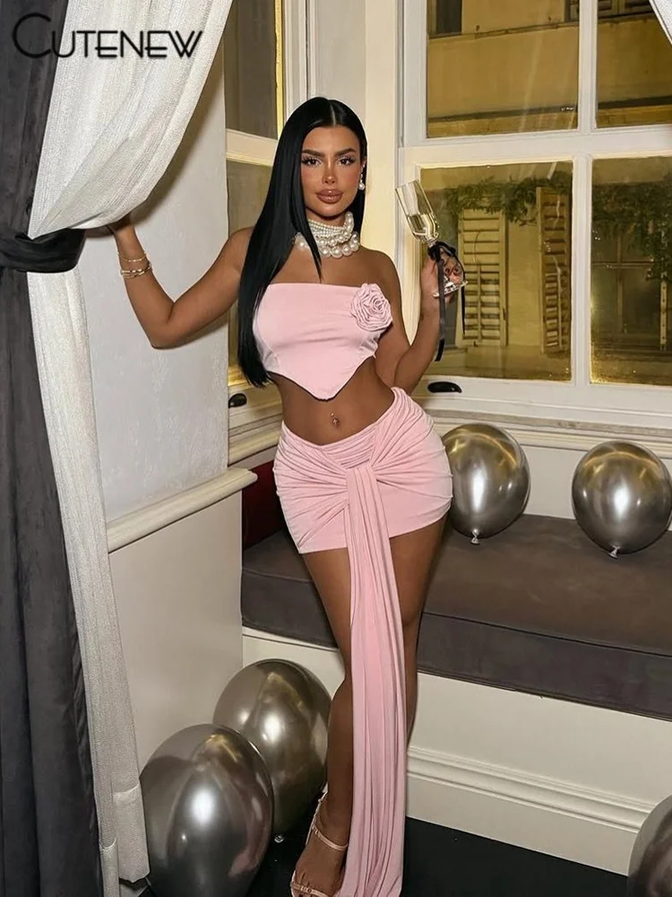 

Cutenew Appliques Women 2 Piece Set Sexy Hipster Strapless Crop Tank+Ribbons Pleated Skinny Mini Skirts Female Coordinate Outfit