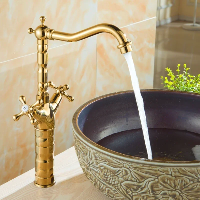 Gold Finished Bathroom Basin Faucet Double Handle Hot and Cold Mixer Water Tap Deck Mounted Sink Faucet Kitchen High Spout