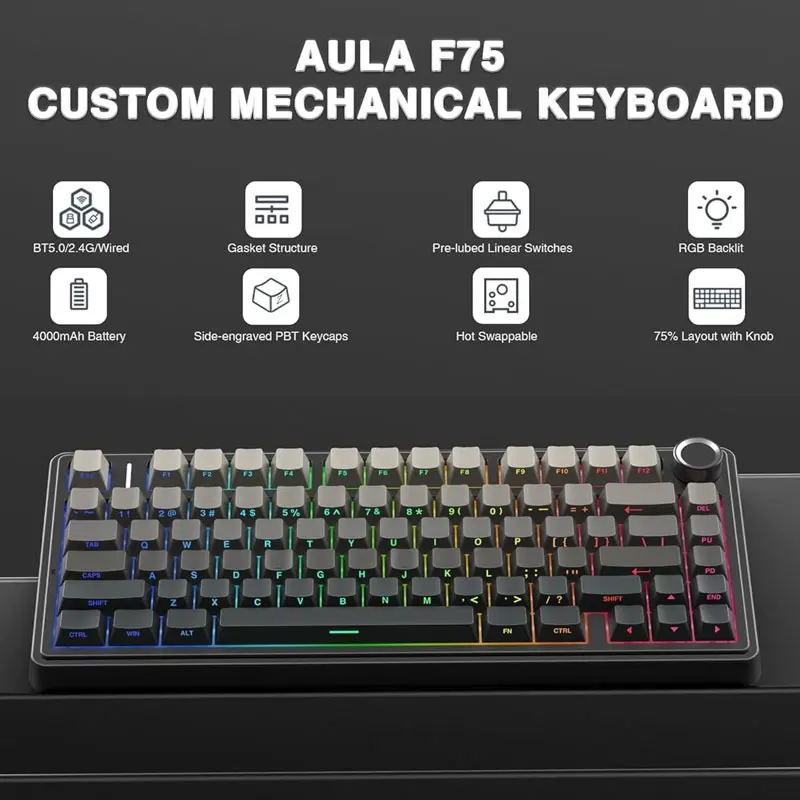 AULA F75 Game Mechanical Keyboard RGB Light 2.4G /BT5.0/Wired Tri-Mode Gasket Structure 75% Customized Gradient Grey Keyboard