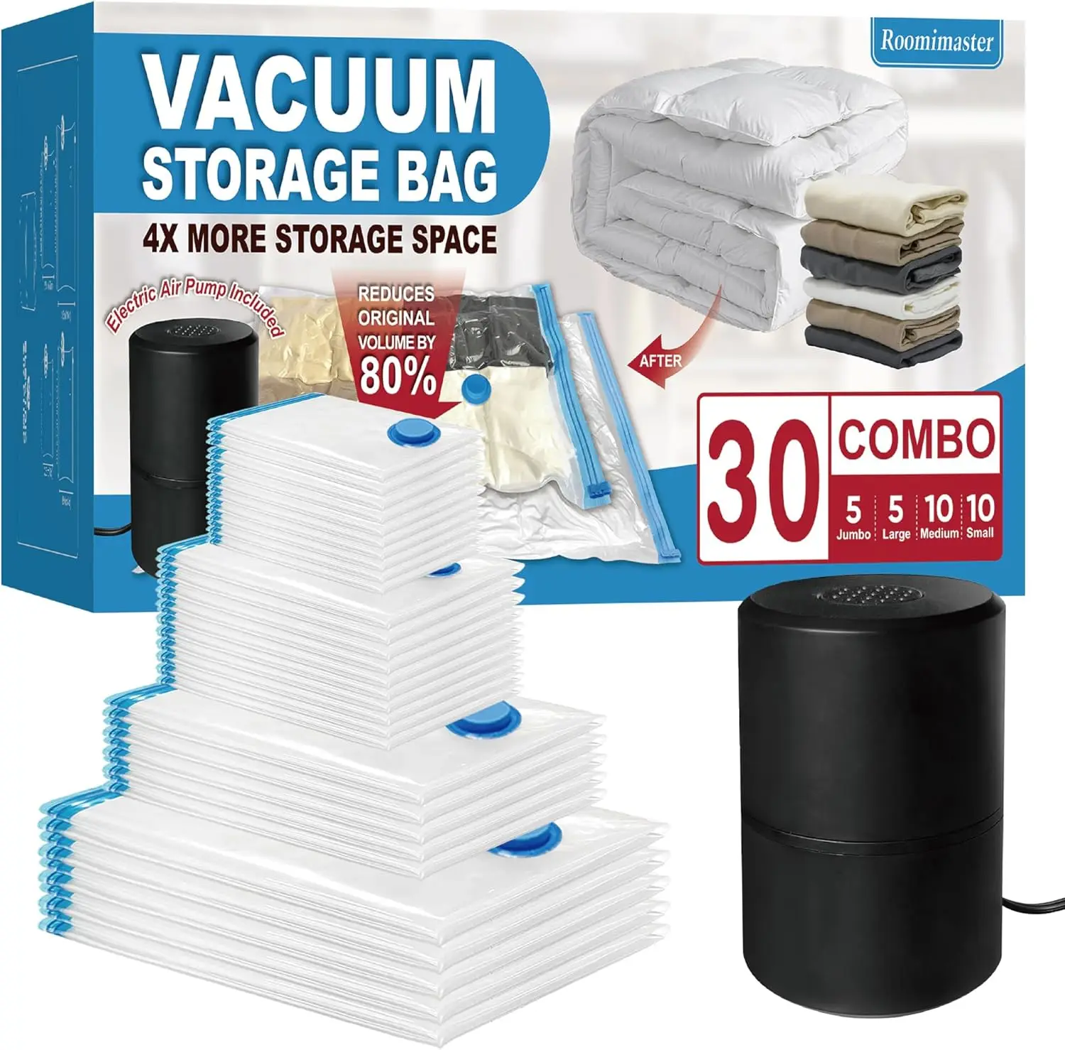 Vacuum Storage Bags with Electric Pump, 30 Combo Space Saver  Vacuum Seal Bags with Pump, Space Bags, Vacuum Sealer