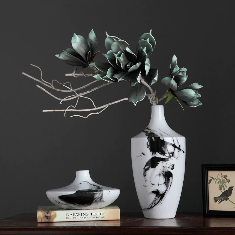 

Chinese Style Retro Ceramics Vase Ink Black and White Marbling Modern Home Desktop Decoration Flower Arrangement Accessories