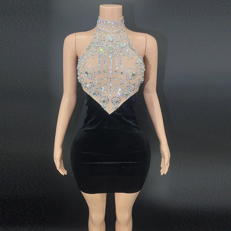 

Bling Diamond Halter New Fashion Women Party Mini Dress Luxury Evening Gowns Dresses For Women Party High-End Performance Dress