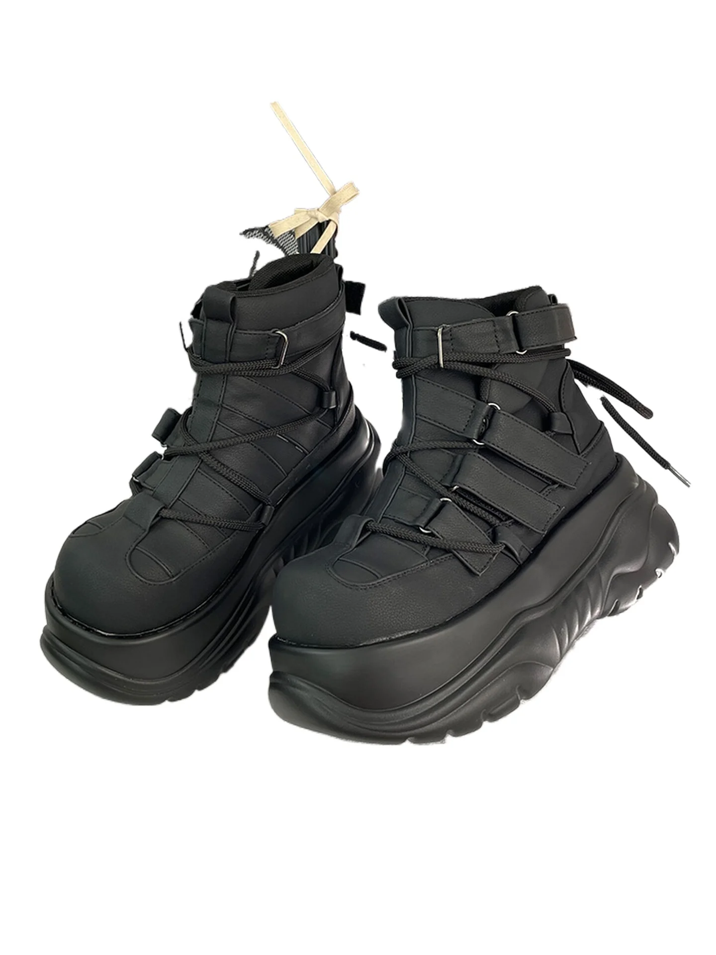 

2025 Goth Dark Punk Rock Muffin Women's Platform Black Matte Ankle Hook and Loop Side Buckle Strap-up Short Boots 7cm