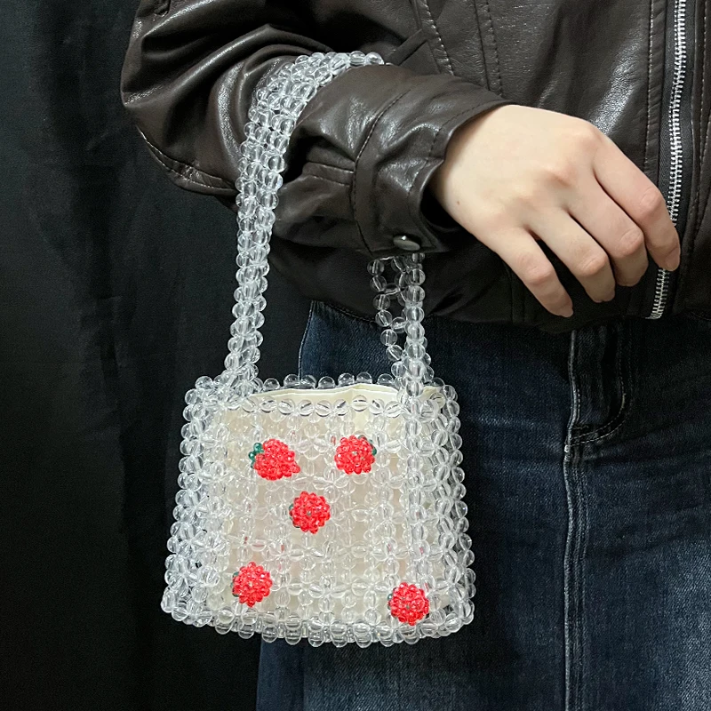 Spot flower fruit transparent bead bag sweet handmade imitation crystal bead bag casual single room handbag cross-border