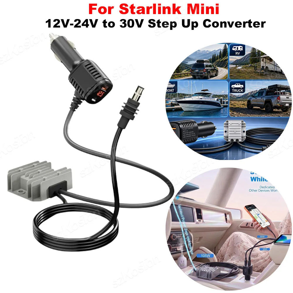 For Starlink Mini Car Cigarette Lighter Adapter 105W Boost 12V-24V to 30V Step Up Converter DC Power Cable for Rvs Campers Boats